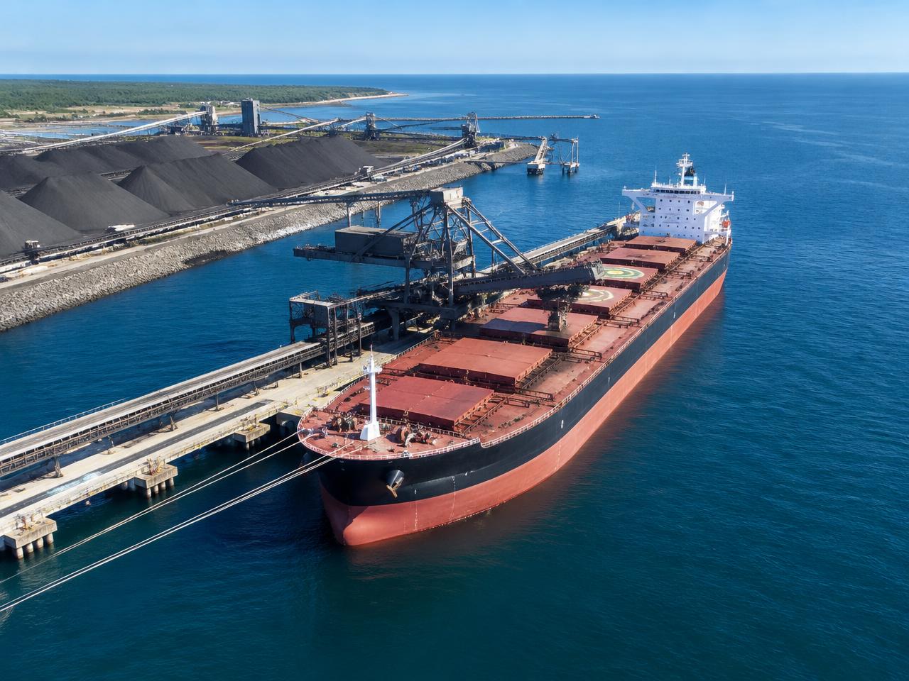 Illustrative image: bulk carrier alongside an industrial terminal